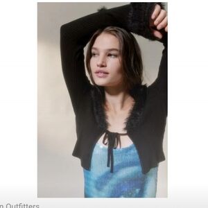 NWOT Urban Outfitters Black Fuzzy Trim Cardigan Sweater Small